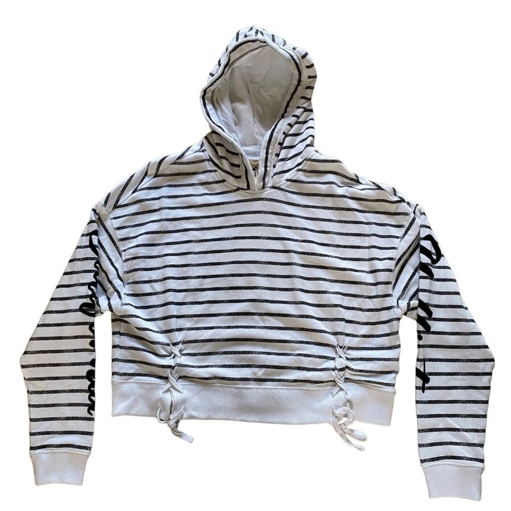 HOLLISTER California Women’s Crop Black White Striped Hooded Sweatshirt Sz S - Picture 1 of 7